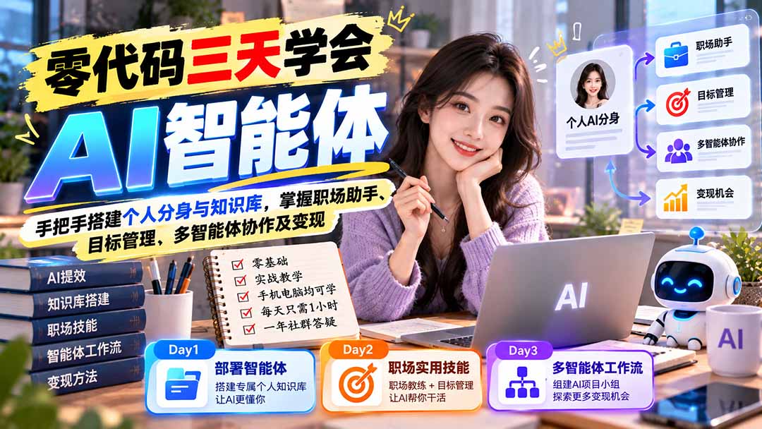 【无水印】零代码三天学会AI智能体：手把手搭建个人分身与知识库，掌握职场助手、目标管理、多智能体协作及变现-创业网 - 最新网络创业项目与实战营销教程平台 | cye.cc