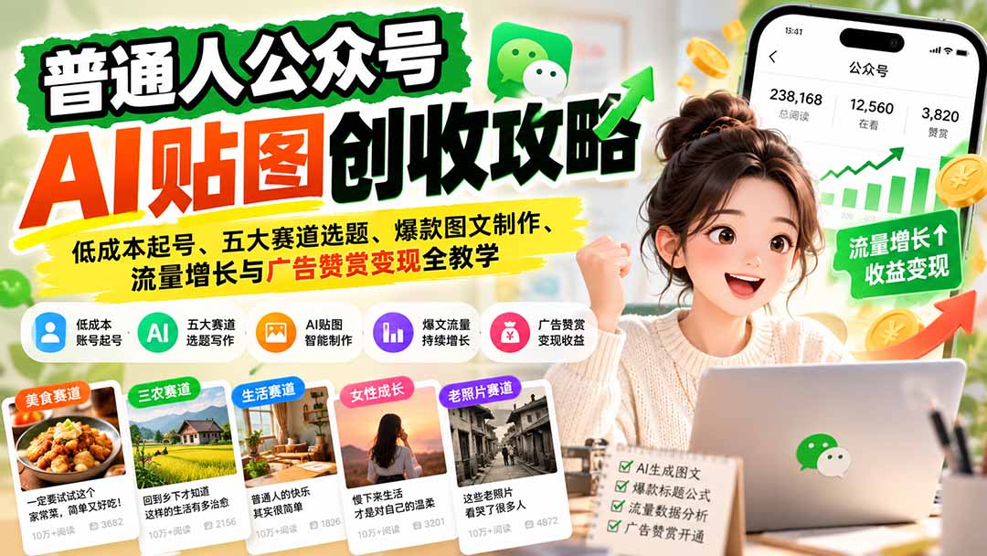 普通人公众号AI贴图创收攻略：低成本起号、五大赛道选题、爆款图文制作、流量增长与广告赞赏变现全教学-创业网 - 最新网络创业项目与实战营销教程平台 | cye.cc