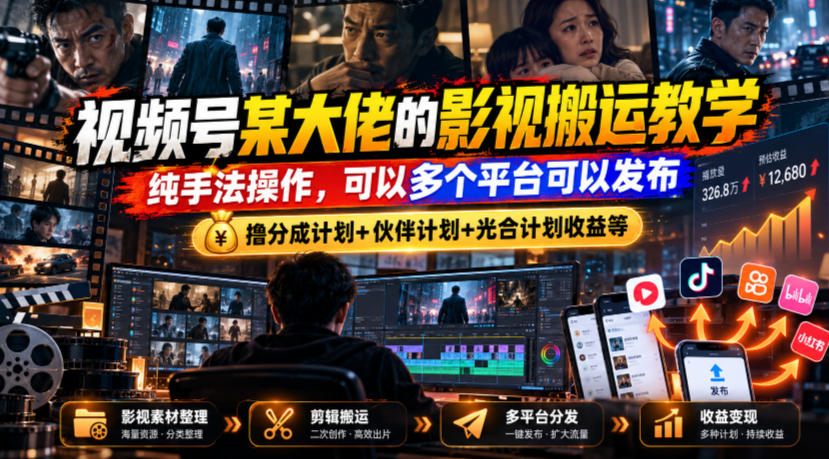 视频号某大佬的影视搬运教学，纯手法操作，可以多个平台可以发布，撸分成计划+伙伴计划+光合计划收益等-创业网 - 最新网络创业项目与实战营销教程平台 | cye.cc