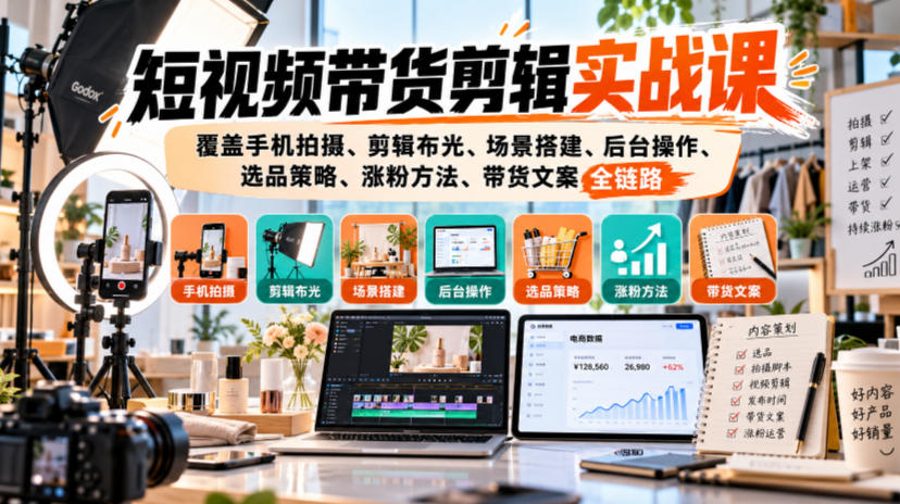 短视频带货剪辑实战课，覆盖手机拍摄、剪辑布光、场景搭建、后台操作、选品策略、涨粉方法、带货文案全链路-创业网 - 最新网络创业项目与实战营销教程平台 | cye.cc