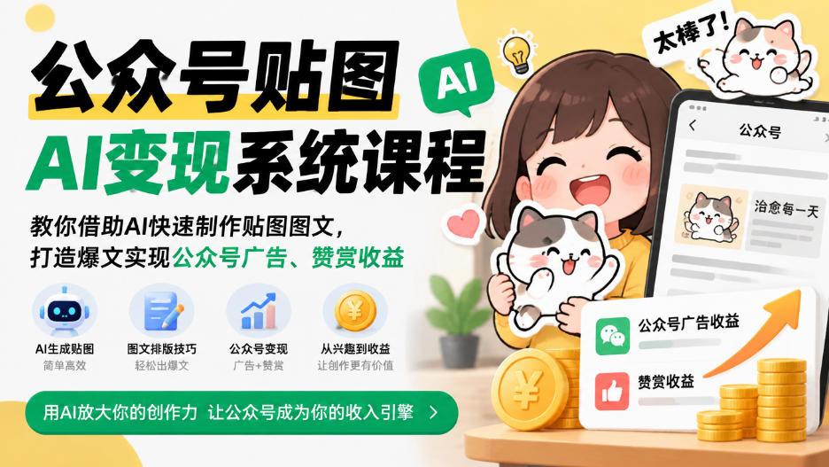 公众号贴图AI变现系统课程｜教你借助AI快速制作贴图图文，打造爆文实现公众号广告、赞赏收益-创业网 - 最新网络创业项目与实战营销教程平台 | cye.cc