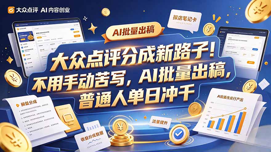 大众点评副业新玩法，工具提效解放双手，批量做笔记，单日可破千-创业网 - 最新网络创业项目与实战营销教程平台 | cye.cc