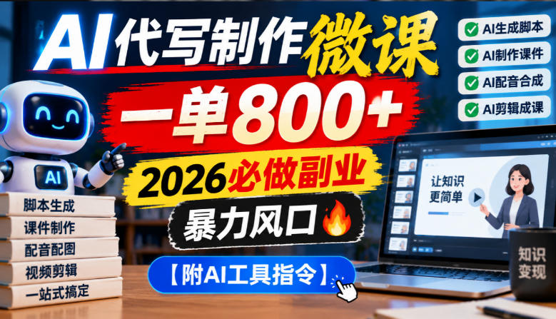AI代写制作微课，一单800+，2026必做副业，暴力风口【附AI工具指令】【揭秘】-创业网 - 最新网络创业项目与实战营销教程平台 | cye.cc