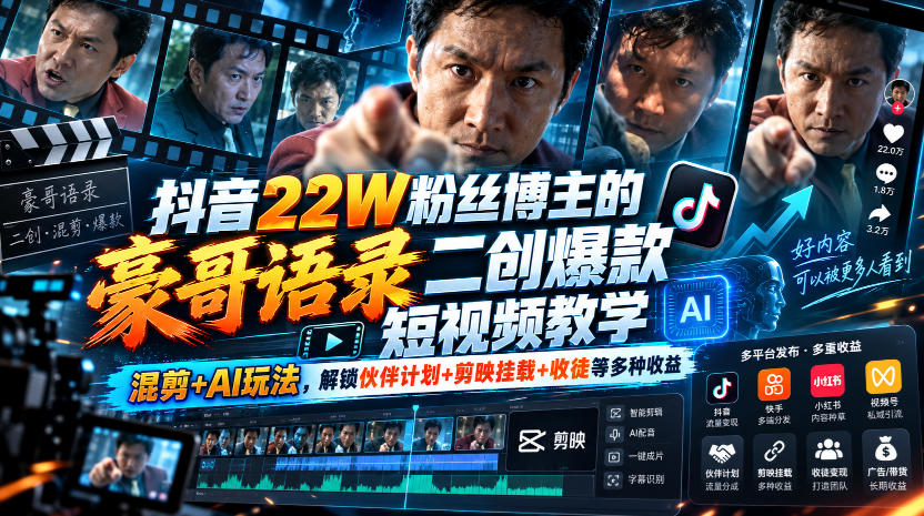 抖音22W粉丝博主的豪哥语录二创爆款短视频教学，混剪+AI玩法，解锁伙伴计划+剪映挂载+收徒等多种收益-创业网 - 最新网络创业项目与实战营销教程平台 | cye.cc