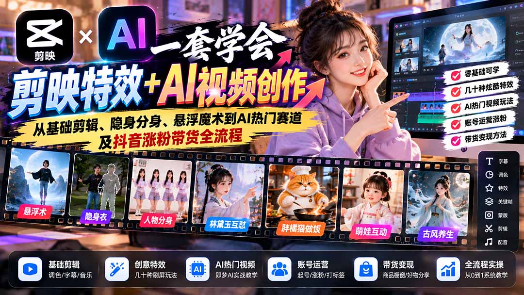 一套学会剪映特效+AI视频创作：从基础剪辑、隐身分身、悬浮魔术到AI热门赛道及抖音涨粉带货全流程-创业网 - 最新网络创业项目与实战营销教程平台 | cye.cc