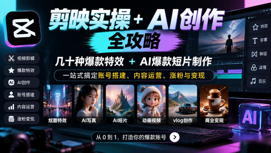 剪映实操+AI创作全攻略｜几十种爆款特效+AI爆款短片制作，一站式搞定账号搭建、内容运营、涨粉与变现-创业网 - 最新网络创业项目与实战营销教程平台 | cye.cc