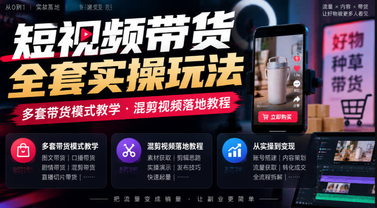 短视频带货全套实操玩法，多套带货模式教学，混剪视频落地教程-创业网 - 最新网络创业项目与实战营销教程平台 | cye.cc