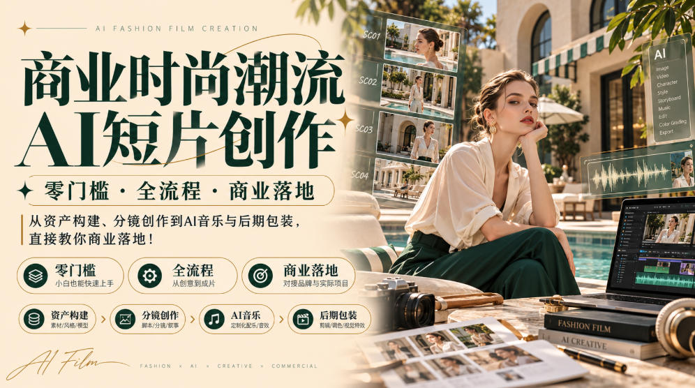 商业时尚潮流AI短片创作｜零门槛・全流程・商业落地，从资产构建、分镜创作到AI音乐与后期包装，直接教你商业落地！-创业网 - 最新网络创业项目与实战营销教程平台 | cye.cc