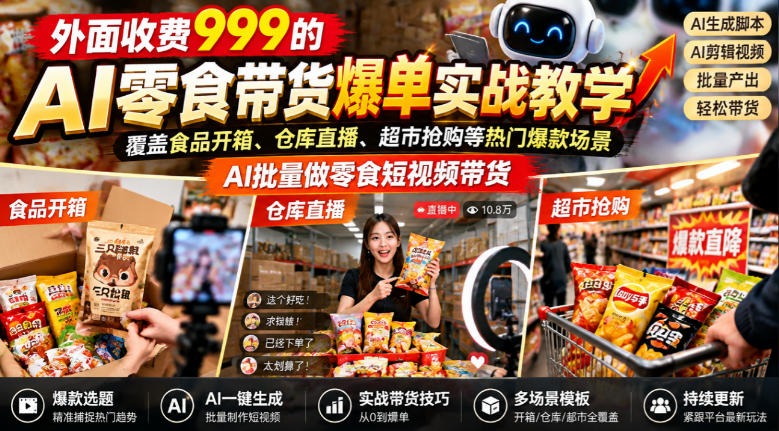 外面收费999的AI零食带货爆单实战教学，覆盖食品开箱、仓库直播、超市抢购等热门爆款场景，AI批量做零食短视频带货-创业网 - 最新网络创业项目与实战营销教程平台 | cye.cc