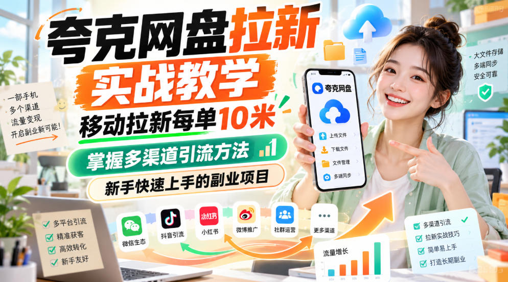 夸克网盘拉新实战教学，移动拉新每单10米，掌握多渠道引流方法，新手快速上手的副业项目(更新1017)-创业网 - 最新网络创业项目与实战营销教程平台 | cye.cc