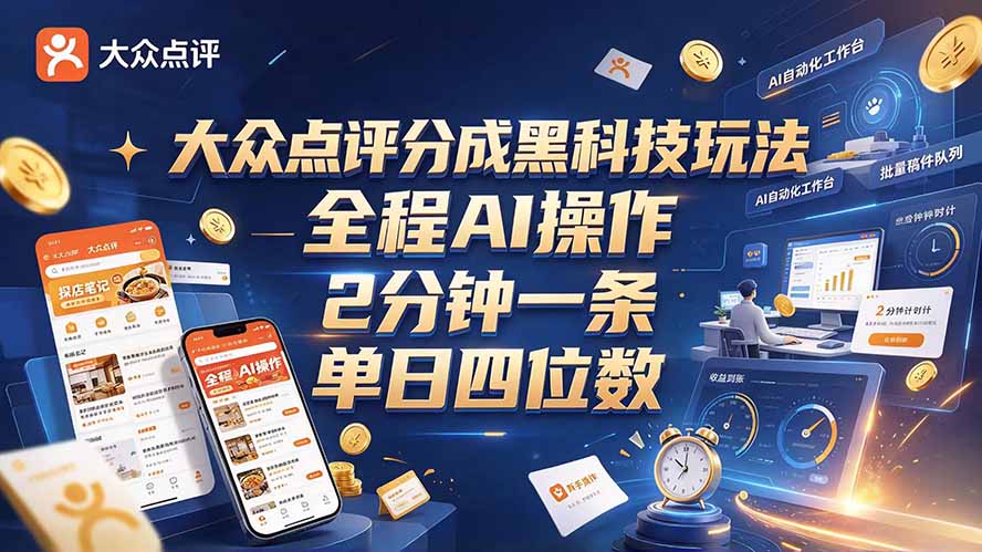 大众点评分成全网独家玩法，AI 全自动出内容，2 分钟一条，小白可冲单日四位数-创业网 - 最新网络创业项目与实战营销教程平台 | cye.cc