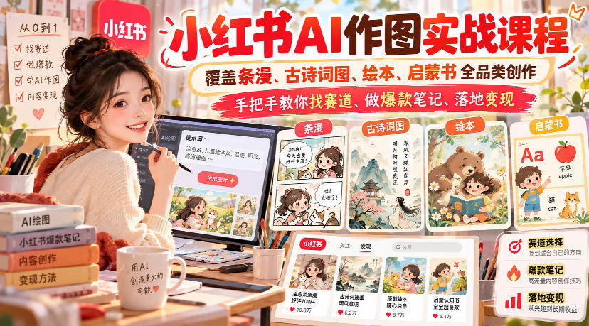 小红书AI作图实战课程，覆盖条漫、古诗词图、绘本、启蒙书全品类创作，手把手教你找赛道、做爆款笔记、落地变现(更新1017)-创业网 - 最新网络创业项目与实战营销教程平台 | cye.cc