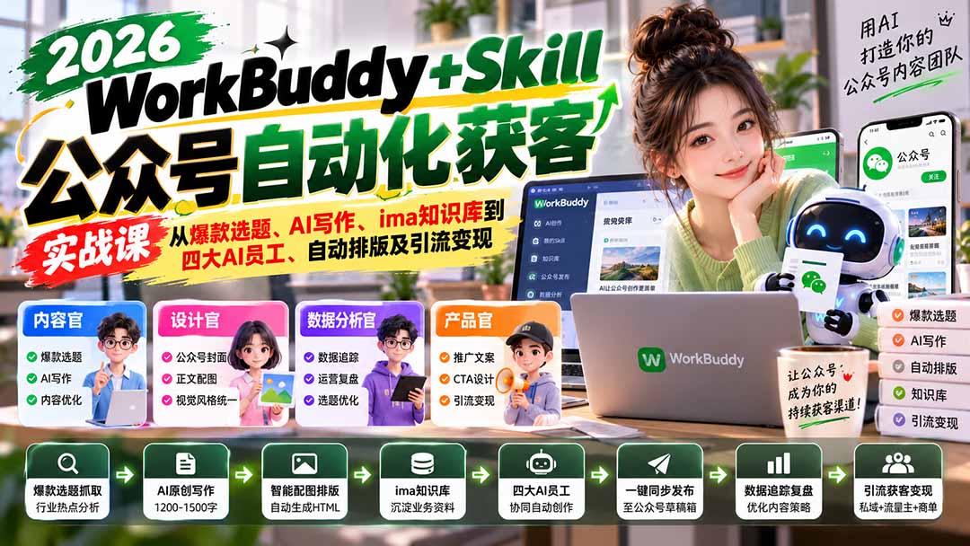 WorkBuddy + Skill公众号自动化获客实战课：从爆款选题、AI写作、ima知识库到四大AI员工、自动排版及引流变现-创业网 - 最新网络创业项目与实战营销教程平台 | cye.cc