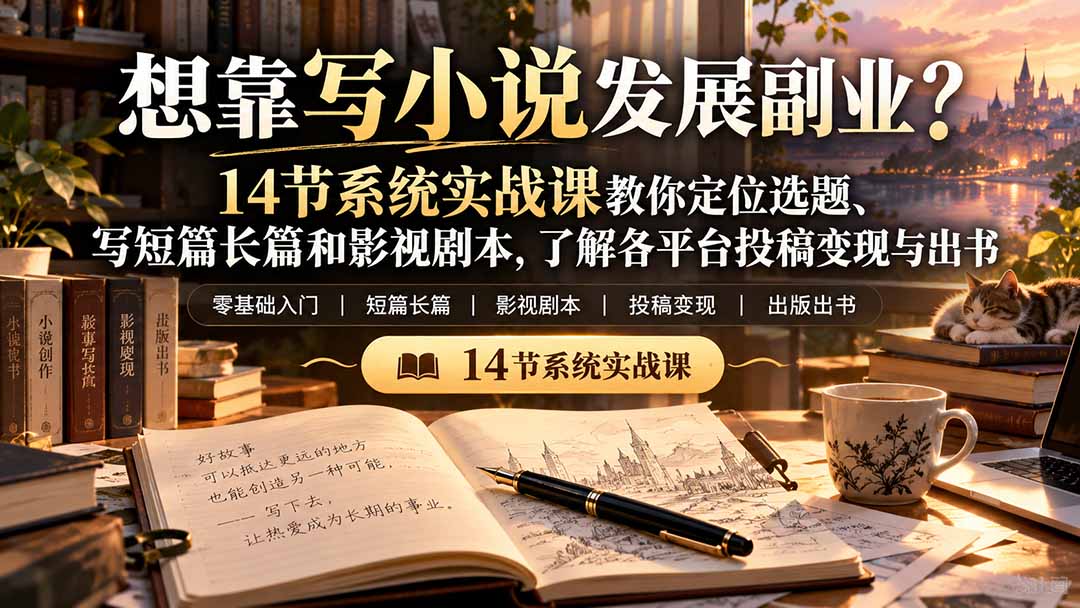 【无水印】想靠写小说发展副业？14节系统实战课教你定位选题、写短篇长篇和影视剧本，了解各平台投稿变现与出书-创业网 - 最新网络创业项目与实战营销教程平台 | cye.cc