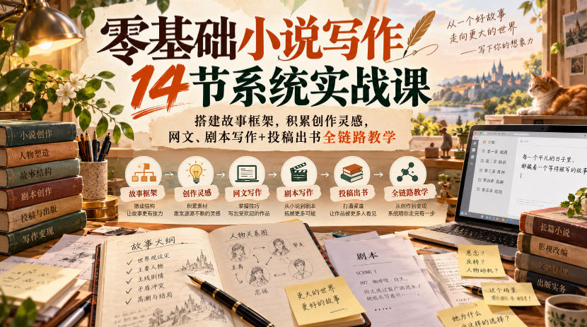 零基础小说写作14节系统实战课，搭建故事框架，积累创作灵感，网文、剧本写作+投稿出书全链路教学-创业网 - 最新网络创业项目与实战营销教程平台 | cye.cc