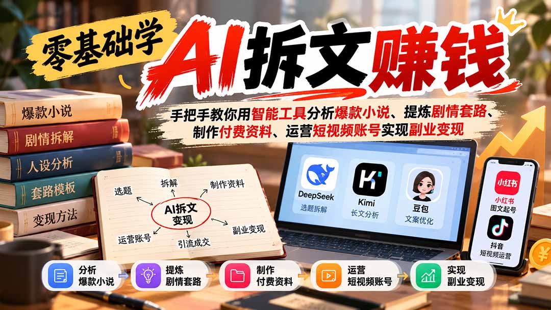 零基础学AI拆文赚钱：手把手教你用智能工具分析爆款小说、提炼剧情套路、制作付费资料、运营短视频账号实现副业变现-创业网 - 最新网络创业项目与实战营销教程平台 | cye.cc