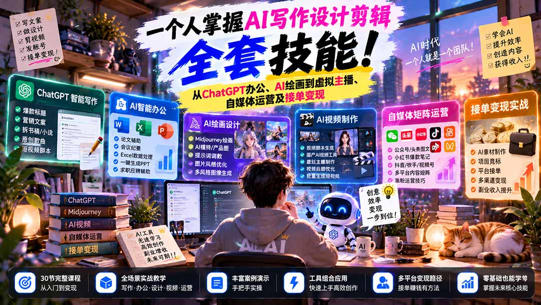 一个人掌握AI写作设计剪辑全套技能：从ChatGPT办公、AI绘画到虚拟主播、自媒体运营及接单变现-创业网 - 最新网络创业项目与实战营销教程平台 | cye.cc