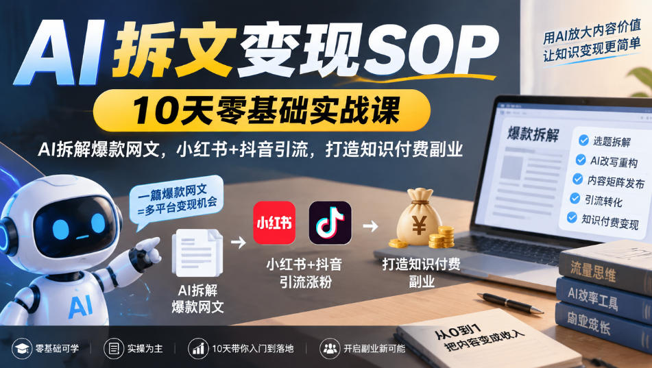 AI拆文变现SOP｜10天零基础实战课，AI拆解爆款网文，小红书+抖音引流，打造知识付费副业-创业网 - 最新网络创业项目与实战营销教程平台 | cye.cc