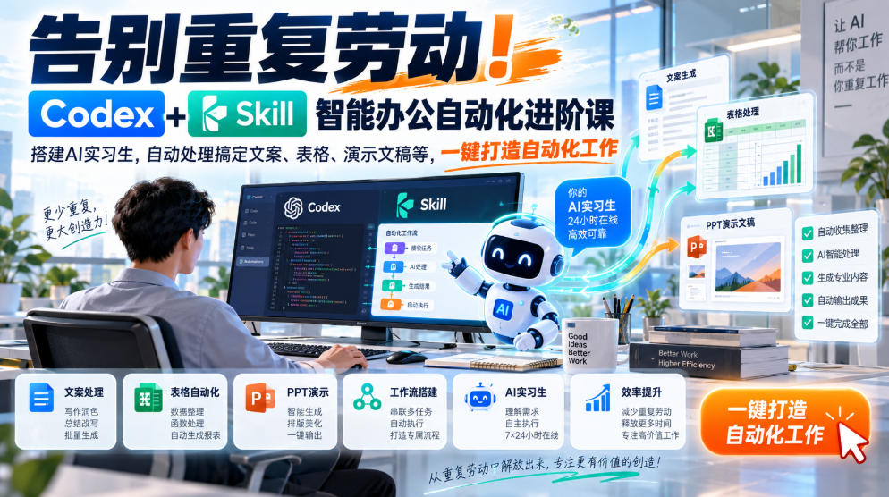 告别重复劳动！Codex+Skill智能办公自动化进阶课｜搭建AI实习生，自动处理搞定文案、表格、演示文稿等，一键打造自动化工作-创业网 - 最新网络创业项目与实战营销教程平台 | cye.cc