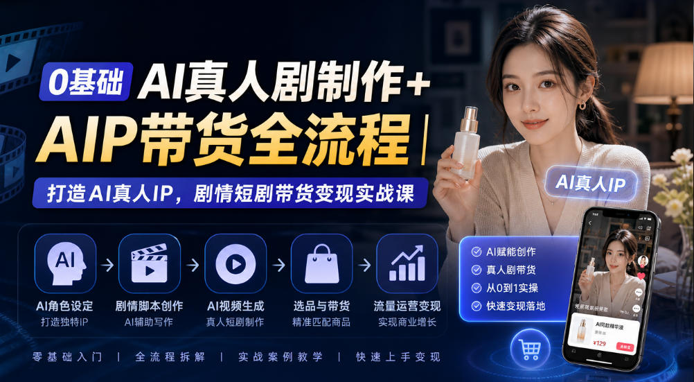 0基础AI真人剧制作+AIP带货全流程｜打造AI真人IP，剧情短剧带货变现实战课-创业网 - 最新网络创业项目与实战营销教程平台 | cye.cc