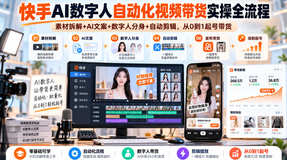 快手AI数字人自动化视频带货实操全流程｜素材拆解+AI文案+数字人分身+自动剪辑，从0到1起号带货(更新26年)-创业网 - 最新网络创业项目与实战营销教程平台 | cye.cc