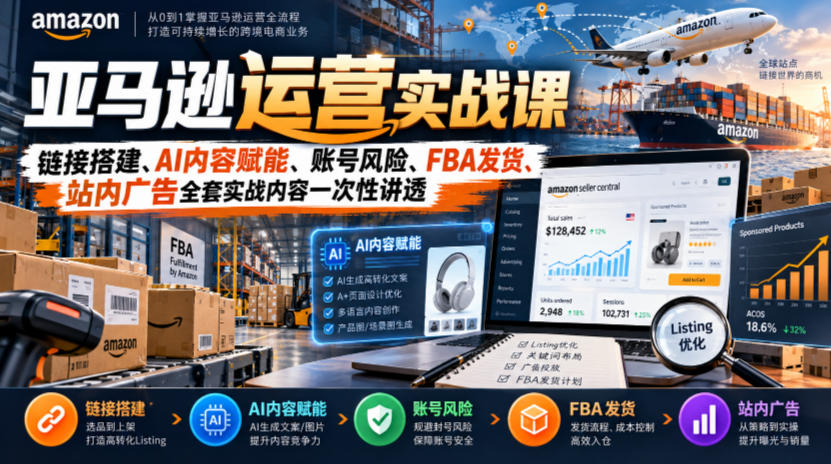 亚马逊运营实战课,链接搭建、AI内容赋能、账号风险、FBA发货、站内广告全套实战内容一次性讲透