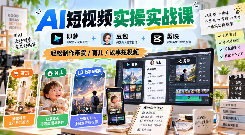 AI短视频实操实战课，即梦+豆包+剪映，轻松制作带货/育儿/故事短视频-创业网 - 最新网络创业项目与实战营销教程平台 | cye.cc