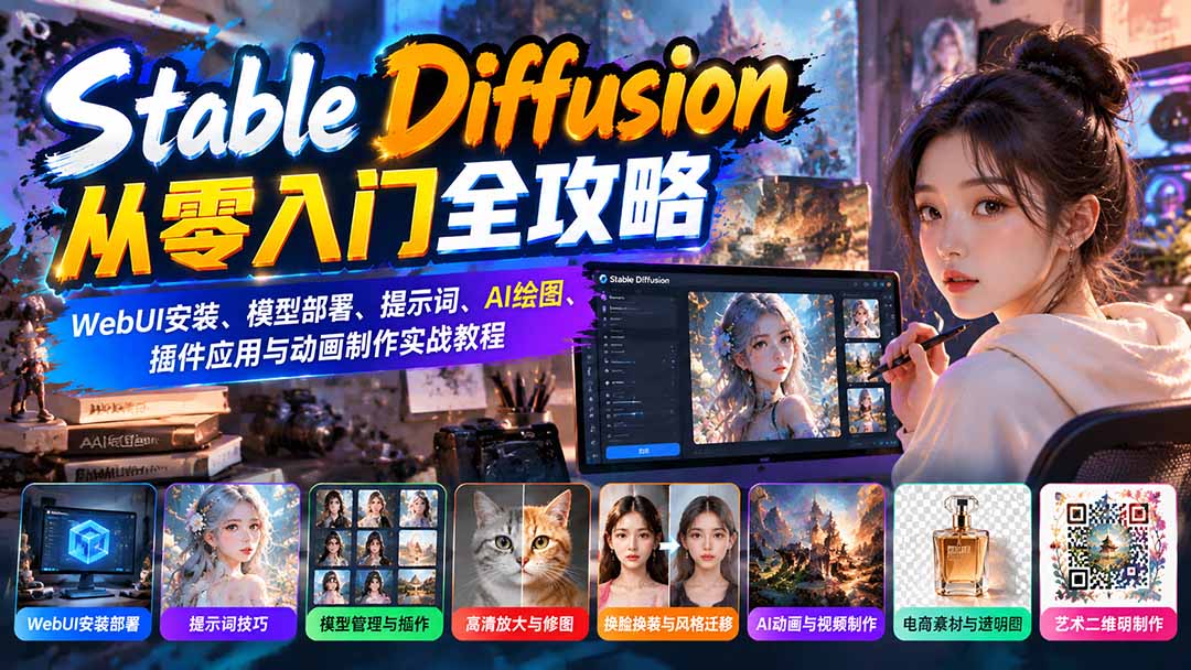 Stable Diffusion从零入门全攻略：WebUI安装、模型部署、提示词、AI绘图、插件应用与动画制作实战教程-创业网 - 最新网络创业项目与实战营销教程平台 | cye.cc