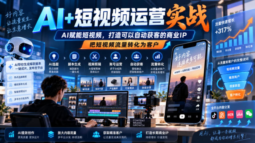 AI+短视频运营实战，AI赋能短视频，打造可以自动获客的商业IP，把短视频流量转化为客户-创业网 - 最新网络创业项目与实战营销教程平台 | cye.cc