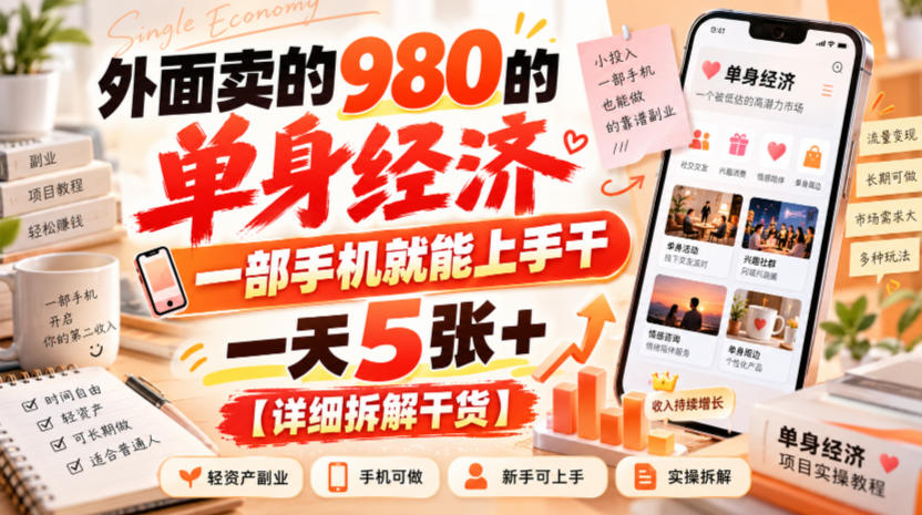 外面卖的980的单身经济，一部手机就能上手干，一天5张+【详细拆解干货】-创业网 - 最新网络创业项目与实战营销教程平台 | cye.cc