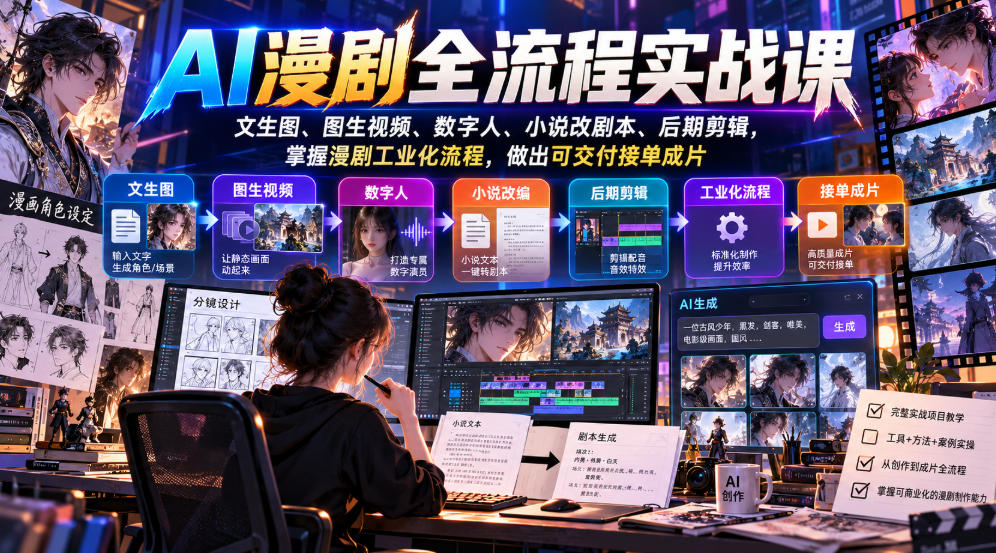 AI漫剧全流程实战课，文生图、图生视频、数字人、小说改剧本、后期剪辑，掌握漫剧工业化流程，做出可交付接单成片-创业网 - 最新网络创业项目与实战营销教程平台 | cye.cc