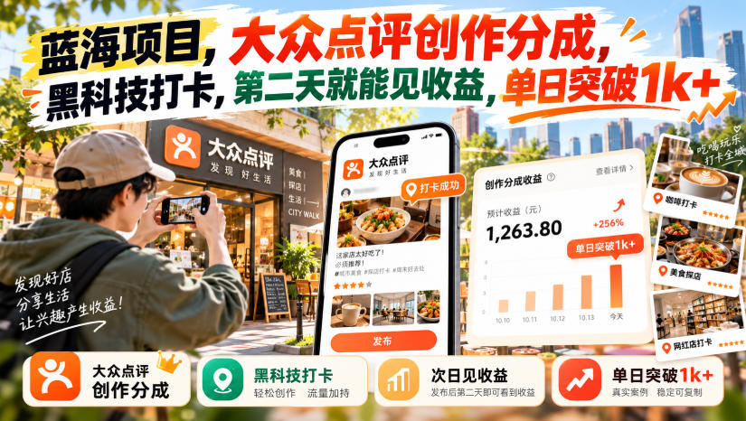 蓝海项目，大众点评创作分成，黑科技打卡，第二天就能见收益，单日突破1k+【揭秘】-创业网 - 最新网络创业项目与实战营销教程平台 | cye.cc