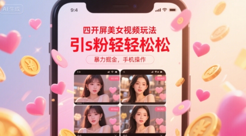 四开屏美女视频玩法，引s粉轻轻松松，暴力掘金，手机操作【揭秘】-创业网 - 最新网络创业项目与实战营销教程平台 | cye.cc