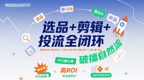 选品+剪辑+投流全闭环，破播自然流+撬动高ROI，手把手打通“选品-剪辑-测品-千川随心推”全链-创业网 - 最新网络创业项目与实战营销教程平台 | cye.cc