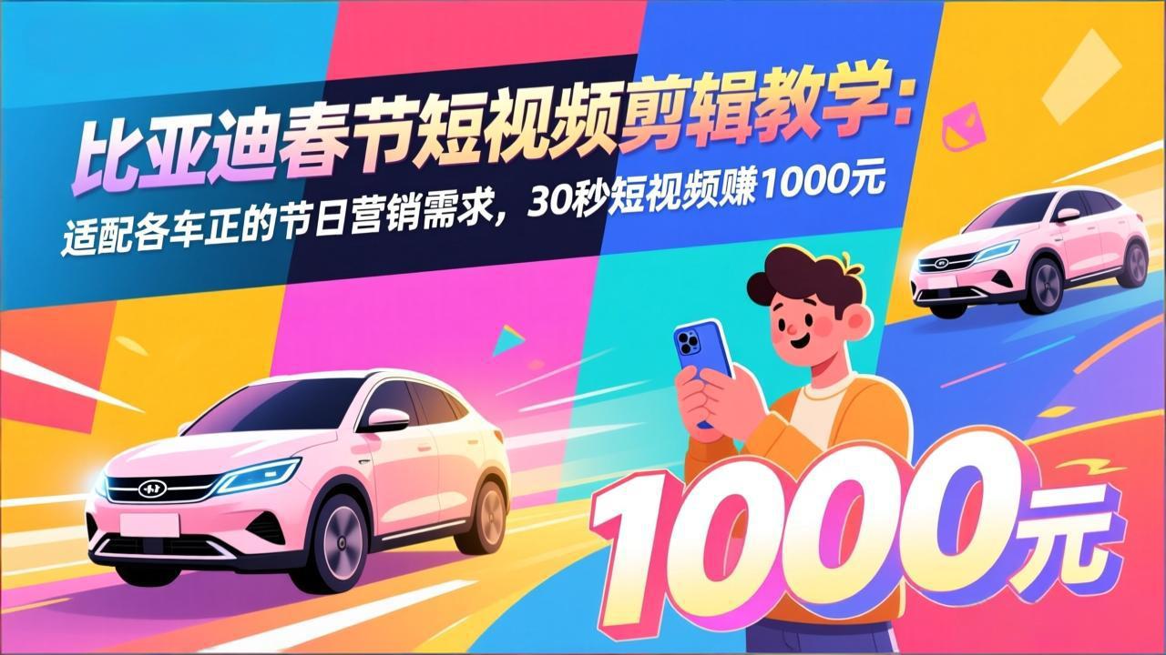 比亚迪春节短视频剪辑教学：适配各车企的节日营销需求，30秒短视频赚1000元-创业网 - 最新网络创业项目与实战营销教程平台 | cye.cc