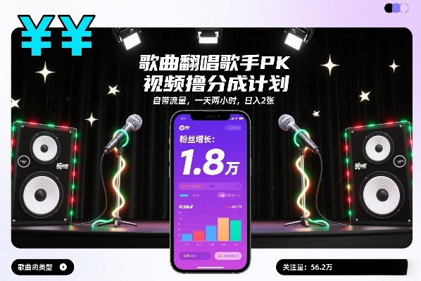 歌曲翻唱歌手PK视频撸分成计划，自带流量，一天两小时，日入2张-创业网 - 最新网络创业项目与实战营销教程平台 | cye.cc