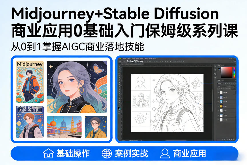 AIGC商业应用Midjourney+Stable Diffusion教程，0基础入门保姆级系列课-创业网 - 最新网络创业项目与实战营销教程平台 | cye.cc