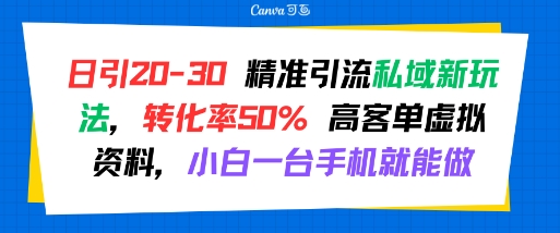 日引 20-30 精准引流私域新玩法，转化率50% 高客单虚拟资料，小白一台手机就能做-创业网 - 最新网络创业项目与实战营销教程平台 | cye.cc