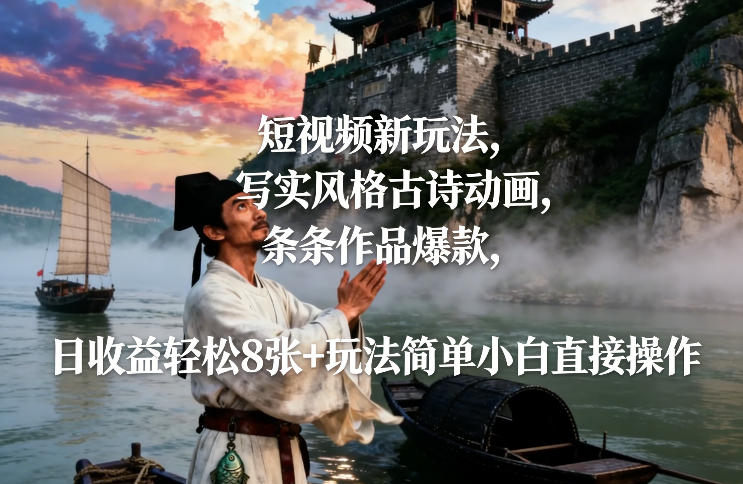 短视频新玩法，写实风格古诗动画，条条作品爆款，日收益轻松8张+玩法简单小白直接操作-创业网 - 最新网络创业项目与实战营销教程平台 | cye.cc