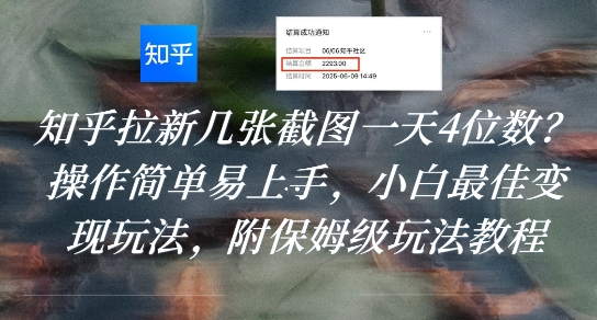 知乎拉新几张截图一天4位数？操作简单易上手，小白最佳变现玩法，附保姆级玩法教程-创业网 - 最新网络创业项目与实战营销教程平台 | cye.cc